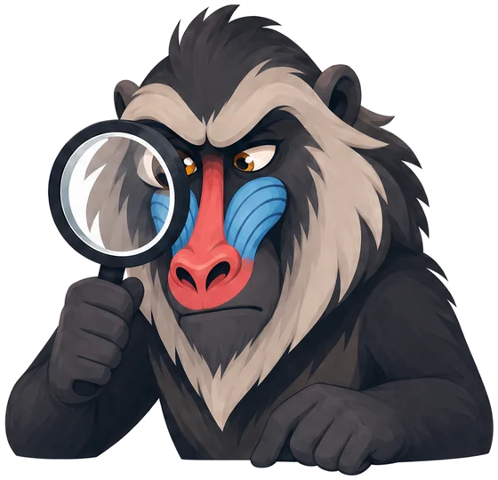 The BuzzBaboon mascot looking through a magnifying glass