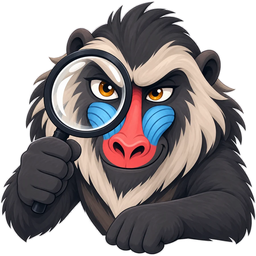 The BuzzBaboon mascot, magnifying glass to one eye, looking at you
